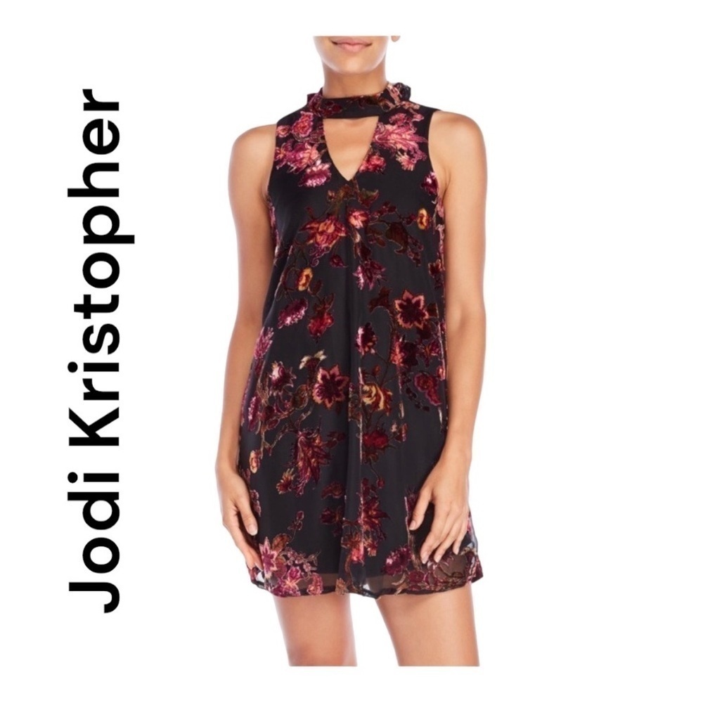 Jodi Kristopher Dress Shift Tunic Small Sleeveless Keyhole Velvet Black‎ Red NWT